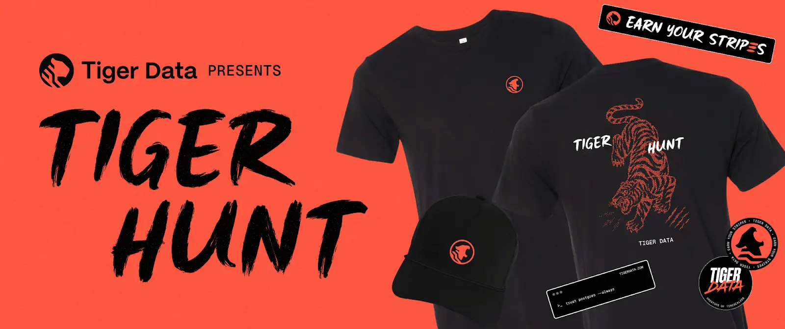 Tiger Hunt ad creative: Learn TimescaleDB, earn a swag pack